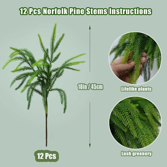 12 Pieces 18 Inch Christmas Norfolk Pine Greenery Branches Home Decorations - Picture 4 of 9
